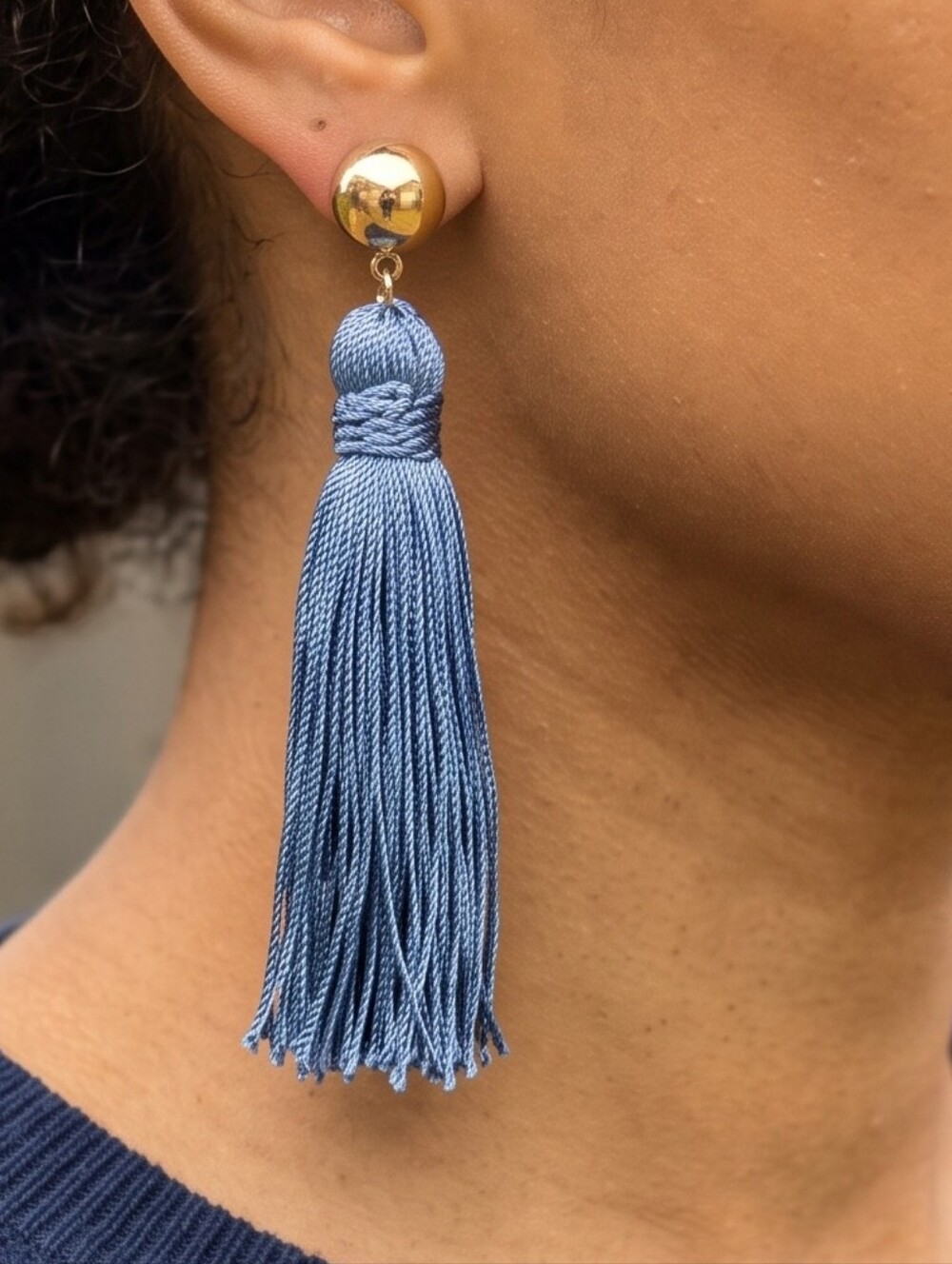 NWT TISH Blue Tassel Drop Earrings Gold Coastal Cowgirl Boho Statement Dangle